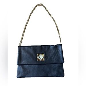 Michael Kors Black Leather-Gold Chain Dinner Purse Shoulder Bag Clutch 10x7